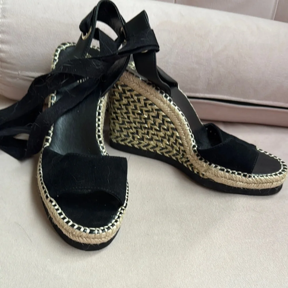 Vince Camuto Black Suede Espadrille Wedge Sandals with Ankle Wraps